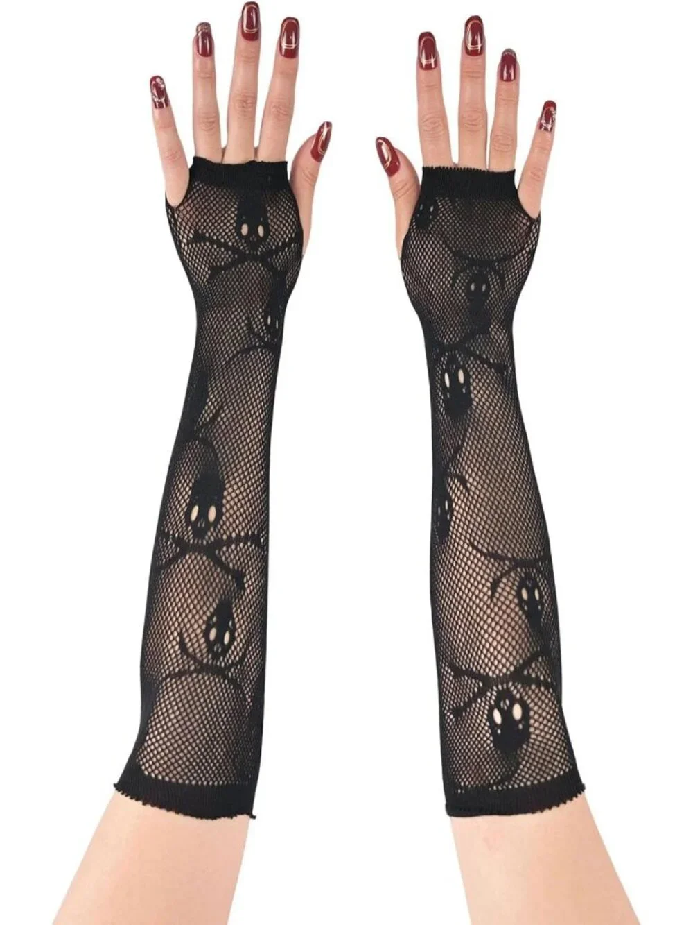 Women's Black Skull Crossbones Fishnet Long Fingerless Gothic Gloves
